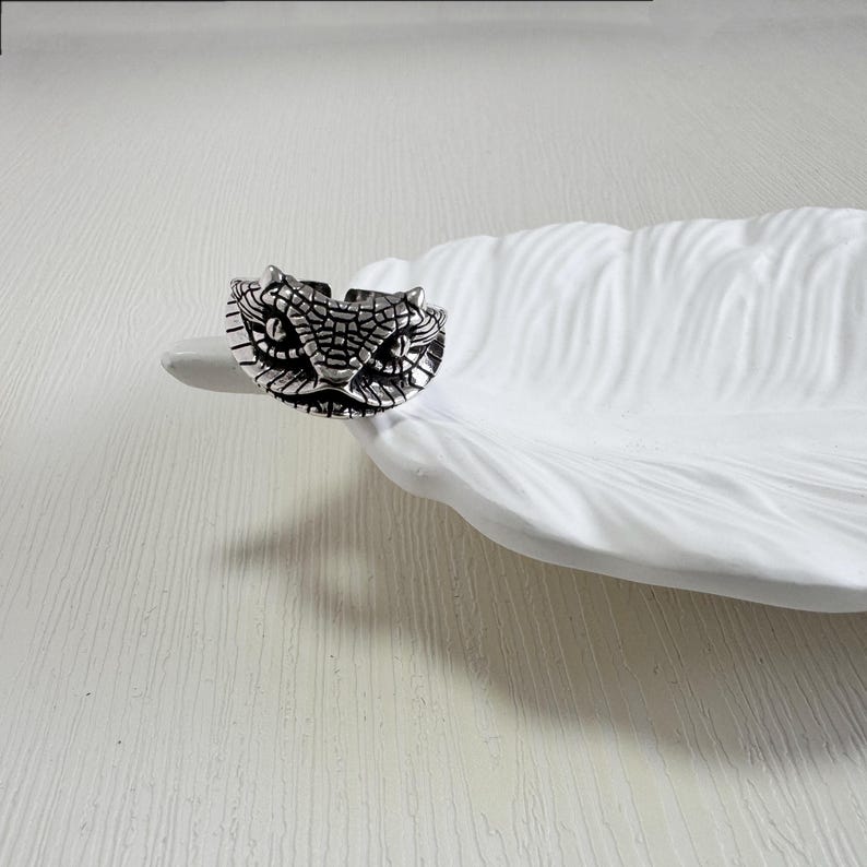 May include: A silver ring with a detailed snake head design. The adjustable band allows for a comfortable fit. The snake's scales and eyes are intricately carved, creating a striking accessory. The ring is a unique piece of jewellery.