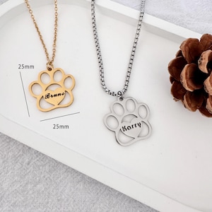 Edelstahl Katzenpfote Herz Halskette mit Namen Gravur, Haustier Gedenk Schmuck in Gold Silber Rose Gold - DZSP-167