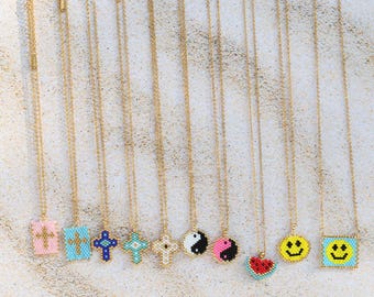 Handmade Seed Bead Necklace – Smiley Face, Cross & Eye Patterns| DZSP-234