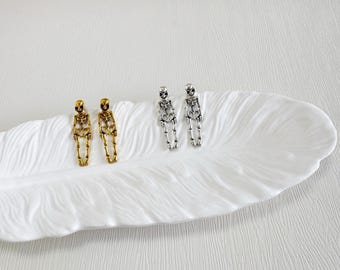 Mini Skeleton Bone Stud Earrings - Delicate Gothic Silver Tone Earrings for Women & Men | DZSP-220