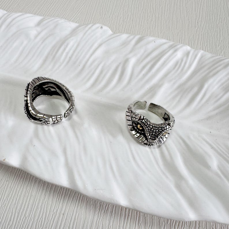 May include: Two silver rings with detailed reptile scale patterns. One is a full band, the other adjustable. They sit on a white, textured surface, creating a contrast. The rings are made of metal.