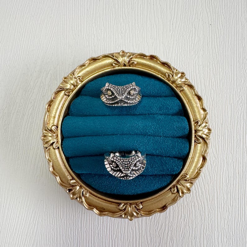 May include: Two silver rings, each with a snake head design, are presented on a teal velvet ring holder within a gold ornate frame. The rings feature detailed scale and eye patterns. The frame has a vintage style.