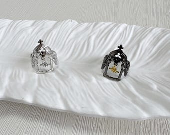 Angel's Gate Adjustable Ring - European Gothic Open Statement Ring in Gunmetal & Silver | DZSP-247