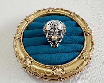 Initial Skull Adjustable Ring - Men's Antique Silver Gothic Letter Open Statement Ring | DZSP-241