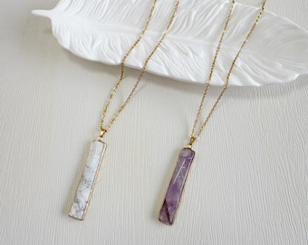 Geometric Square Gemstone Pendant Necklace - Women's Colorful Natural Stone Statement Necklace | ZSP-219