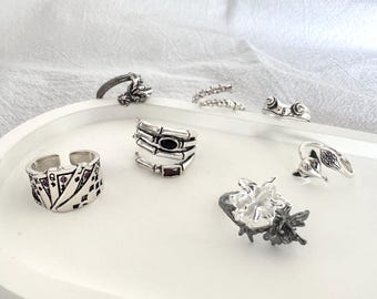 Vintage-Style Silver Open Rings • 7 Retro Punk Adjustable Designs • Oxidized Alloy Finish | DZSP-190