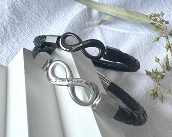 Personalized Braided Leather Infinity Bracelet, Engraved Couple's Bracelet | DZSP-034