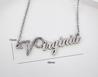 Custom Rhinestone Name Necklace for Women, Stainless Steel Script Font Pendant, 15x48mm, Gift for Friends - DZSP-164
