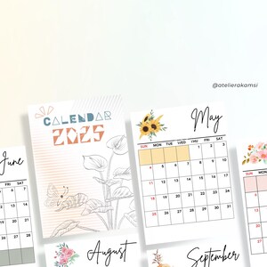 2025 Kalender printable zum Downloaden, Aquarell Blumen Monatskalender, druckbarer Schreibtisch und Wandkalender in A4