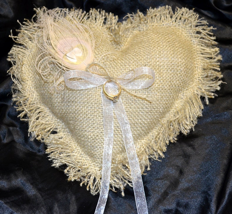 Country Chic Heart Burlap Ring Bearer Pillows image 3