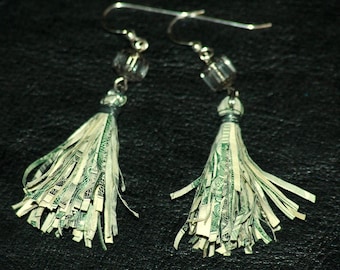 Vegas Baby, Recycled Money, Tassel Earrings