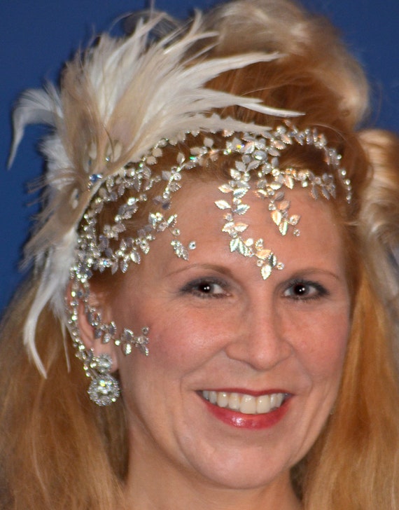 Custom Leaf and Swarovski Crystal Headpiece With Feather 