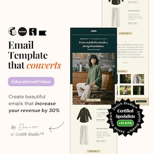Può includere: Progettazione di un modello di email con il testo "Modello di email che converte" e "Educativo/Valore". Il modello presenta una donna che indossa una camicia verde e pantaloni beige, seduta su una sedia di legno. È incluso anche il testo "Crea email bellissime che aumentano le tue entrate del 30%". Il modello è progettato per aiutare le aziende a creare campagne di email marketing efficaci.