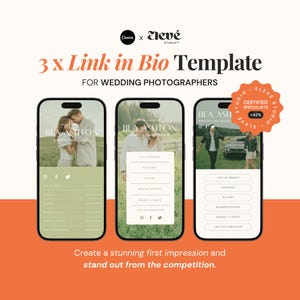 以下が含まれることがあります： 結婚写真家のためのバイオへのリンクテンプレートを示す、携帯電話の画面のモックアップが3つあります。テンプレートは、白いテキストとアイコンが書かれた緑色の背景を採用しています。テキストには、「BEA ASHTON WEDDING PHOTOGRAPHY」と「ウェブサイトをご覧ください」が含まれています。