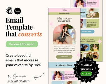 Mailchimp-e-mailmarketingsjablonen Bewerkbare canva-nieuwsbriefontwerpen Kleine bedrijven Moderne e-mailcampagnes Dameskleding Modewinkel