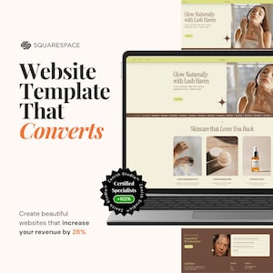 Könnte beinhalten: Ein Laptop-Computer, auf dem eine Website für ein Hautpflegeunternehmen namens Lush Haven angezeigt wird. Die Website hat einen hellgelben Hintergrund mit einer braunen Kopfzeile und einem Slogan, der "Glow Naturally with Lush Haven" lautet. Die Website enthält auch einen Abschnitt mit dem Titel "Skincare that Loves You Back" mit Bildern von Hautpflegeprodukten. Der Laptop steht auf einer weißen Oberfläche.