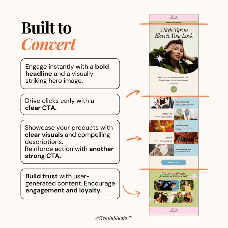 Playfully elegant email templates for Flodesk, Omnisend, Mailchimp, and Klaviyo, with customizable Canva blocks, perfect for women’s fashion boutiques and ecommerce sellers