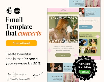 Mailchimp-e-mailmarketingsjablonen Canva bewerkbaar Levendige promotionele nieuwsbriefontwerpen E-mailcampagnes voor kleine bedrijven Dameskleding