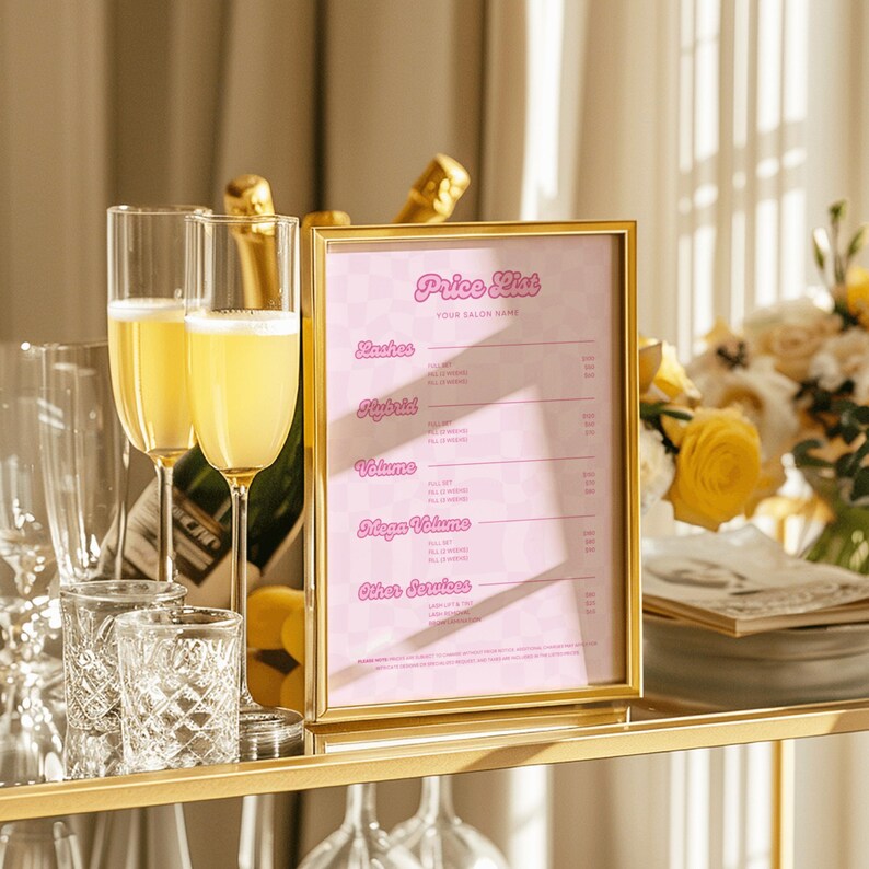 Lash technician Canva pricing sheet with a bold pink theme and retro script. Includes space to display lash set pricing by style and refill frequency. Perfect for beauty studios with a fun, feminine, or nostalgic aesthetic. Designed for easy printing or use in digital client onboarding materials.