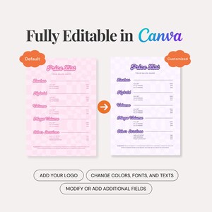 Editable baddie-style pricing template for lash extensions and beauty services. Pink, pastel-toned design with checkered background adds a nostalgic 2000s feel. Customize using Canva for glam salons, lash bosses, or boutique beauty brands. Three lash service tiers and a customizable “other services” section included.