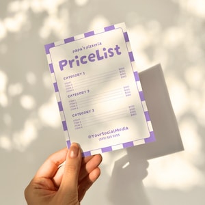 May include: A purple and white price list for papa's pizzeria. The price list is divided into three categories: Category 1, Category 2, and Category 3. Each category lists four items with their corresponding prices. The price list also includes the pizzeria's social media handle and phone number.
