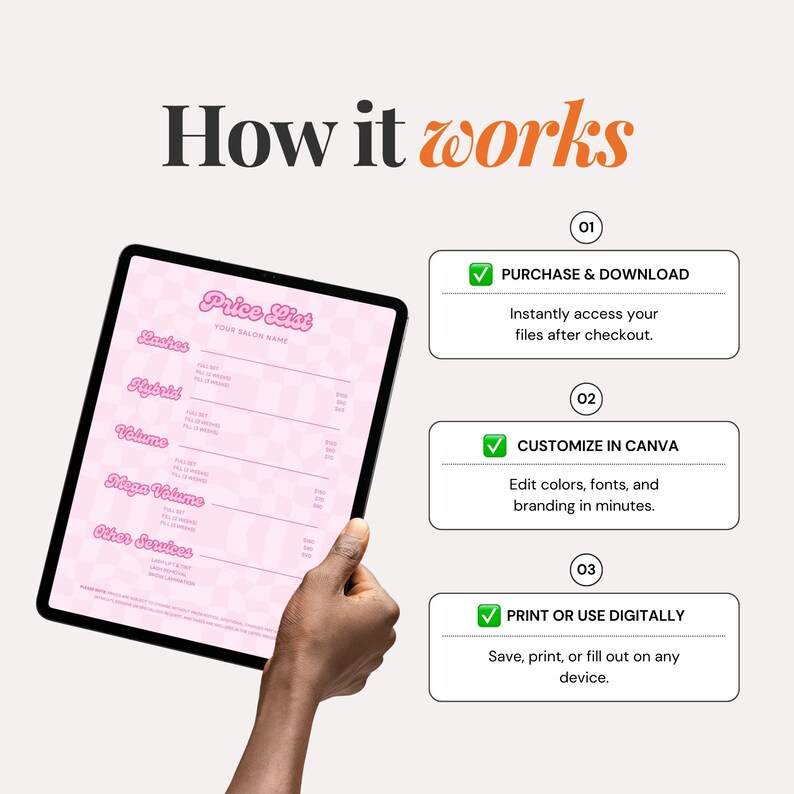 Glam pink salon price list for lash pros, designed to make your services pop. Canva template includes editable text and layout for lash fills, full sets, and other beauty treatments. Designed with a retro-cute aesthetic and high visibility for printed or digital use. Great for beauty pros targeting bold, feminine branding.