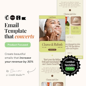 Op de afbeelding: Een productgerichte e-mailtemplate met een groene knop met de tekst "Product Focus". De e-mailtemplate is ontworpen om de omzet met 30% te verhogen. De e-mailtemplate toont een vrouw die een gezichtsreiniger gebruikt en een citaat van een klant over hoe het product haar huid heeft veranderd. De e-mailtemplate bevat ook een logo voor Zenith Studio, een bedrijf dat gespecialiseerd is in e-mailmarketing.