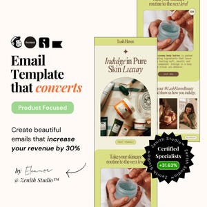 Op de afbeelding: Een groene en gele e-mailtemplate met de tekst "E-mailtemplate die converteert" en "Product Focus". De template bevat een foto van verschillende huidverzorgingsproducten en de tekst "Indulge in Pure Skin Luxury" en "Treat Yourself". De template bevat ook een foto van een hand die een potje huidverzorgingsproduct vasthoudt en de tekst "Take your skincare routine to the next level".