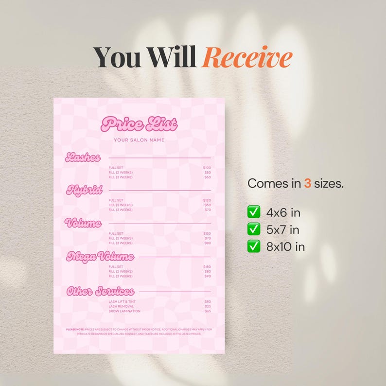 Glam pink pricing sheet template for lash techs and estheticians who love a cute and bold brand look. This Canva template features a pastel pink checkered pattern with fun script headers and clean layout sections. Add your service offerings, prices, and salon name easily. Ideal for lash extensions, fills, and other glam services. Perfect for displaying in your studio or printing for client kits.