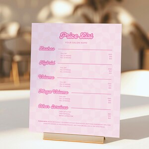 Editable Canva lash price list with a hot pink Y2K aesthetic and soft checkered background. Designed for beauty business owners, this template includes categories for lash sets, refills, and add-on services like brow laminations. Perfect for salons with a baddie or girly brand voice. Customizable and easy to print or share digitally.
