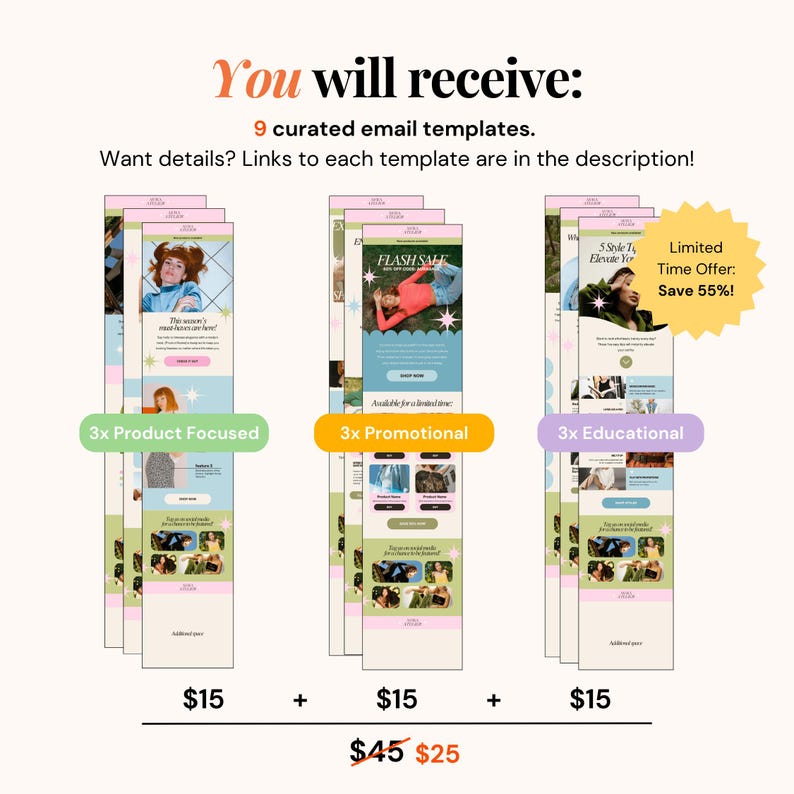 Editable Canva email templates for Flodesk, Omnisend, Mailchimp, and Klaviyo, designed with a retro-futuristic aesthetic and vibrant color palettes for small businesses.