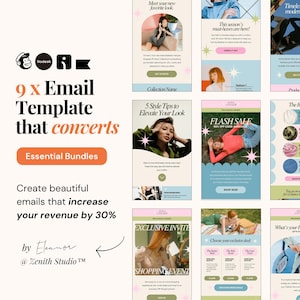 May include: Nine colorful email templates with text that reads "9 x Email Template that converts" and "Essential Bundles". The templates feature a variety of designs, including a woman wearing a pink sweater, a woman wearing a blue dress, and a woman wearing a white shirt. The templates also include text such as "Meet your new favorite look", "This season's must-haves are here", "5 Style Tips to Elevate Your Look", "FLASH SALE", "EXCLUSIVE INVITE", and "Choose your exclusive deal".