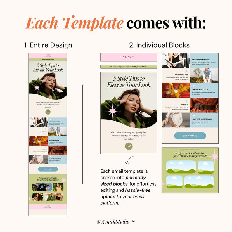 Customizable email templates for Flodesk, Omnisend, Mailchimp, and Klaviyo, featuring minimalist designs and editable layouts for boutique owners and ecommerce sellers.