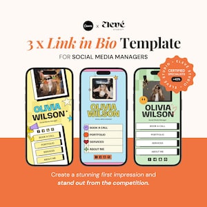 以下が含まれることがあります： ソーシャルメディアマネージャー向けのバイオへのリンクテンプレートを示すスマートフォン画面のモックアップが3つあります。テンプレートには、女性の画像、テキスト「Olivia Wilson」、および「電話予約」、「ポートフォリオ」、「サービス」、「私について」のボタンが表示されています。