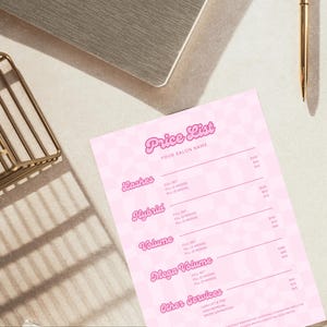 Bubblegum-pink salon menu with flirty fonts and nostalgic early 2000s glam design. Created in Canva for lash and brow techs, nail babes, or beauty bosses who want their brand to shine. Price list includes editable categories, service names, and prices. Perfect for digital delivery or print-out displays in your studio space.