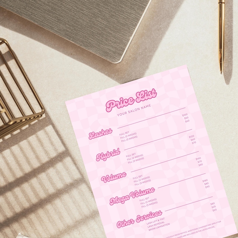 Bubblegum-pink salon menu with flirty fonts and nostalgic early 2000s glam design. Created in Canva for lash and brow techs, nail babes, or beauty bosses who want their brand to shine. Price list includes editable categories, service names, and prices. Perfect for digital delivery or print-out displays in your studio space.