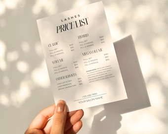 Mall för prislista för Lash Tech, skönhetssalong för hudvårdsspecialister, fransförlängning för småföretag, utskrivbar servicemeny, redigerbar Canva-prisguide