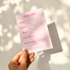 Y2K-inspired pink lash price list template designed with soft bubble fonts and a checkered glam background. Editable in Canva, this template is perfect for lash artists, glam salons, or baddie beauty brands. Includes sections for classic, hybrid, volume, and mega volume lash sets, along with other salon services like brow lamination. Aesthetic, girly, and fully customizable for print or digital use.