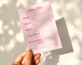 May include: Pink price list for a salon with the title "Price List" and the text "Your Salon Name". The list includes prices for lashes, hybrid, volume, mega volume, and other services.