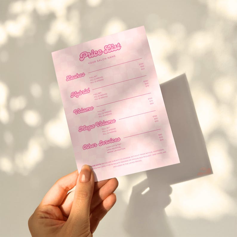 Y2K-inspired pink lash price list template designed with soft bubble fonts and a checkered glam background. Editable in Canva, this template is perfect for lash artists, glam salons, or baddie beauty brands. Includes sections for classic, hybrid, volume, and mega volume lash sets, along with other salon services like brow lamination. Aesthetic, girly, and fully customizable for print or digital use.