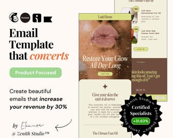 Szablony do marketingu e-mailowego Mailchimp Pielęgnacja skóry Klaviyo Biuletyn Omnisend E-mail Flodesk Kampanie e-mailowe Edytowalny Canva Uroda Ecommerce