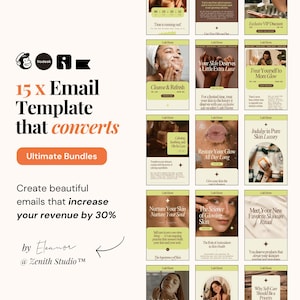 May include: A collection of 15 email templates designed to increase revenue by 30%. The templates feature a variety of skincare products and services, including cleansers, serums, and masks. The templates are designed to be visually appealing and engaging, with a focus on high-quality photography and a modern aesthetic.