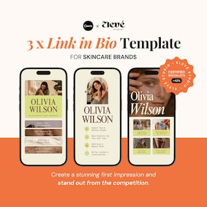 以下が含まれることがあります： スキンケアブランド向けのバイオへのリンクテンプレートを示す、携帯電話の画面のモックアップが3つあります。テンプレートには、女性の顔、テキスト「Olivia Wilson」、および専門家のヒント、最高の製品、セルフケアと美容のヒント、相談へのリンクのリストが表示されています。