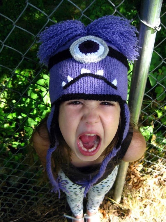 Purple Evil Monster Ear Flap Hat Angry 