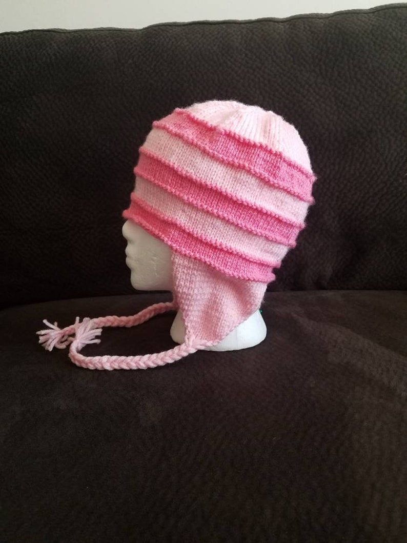 Hand Knit Pink Stripe Ear Flap Hat Edith Hat | Etsy