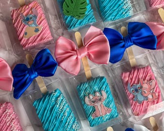 Stitch and Angel Themed Rice Krispie Treats – Custom Birthday Treats – Gender Reveal Party Favors – Disney Baby Shower Desserts