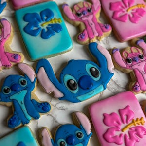 Stitch and Angel Decorated Sugar Cookies, Custom Disney Party Favors, Disney Birthday Treats, Blue and Pink Cookie Set, Lilo & Stitch Theme