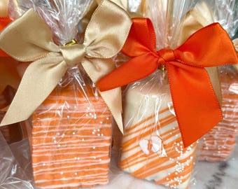 Little Cutie Baby Shower Rice Krispie Treats – Chocolate Covered with Orange & Gold Bows – Custom Party Favors, Chocolate Covered Desserts