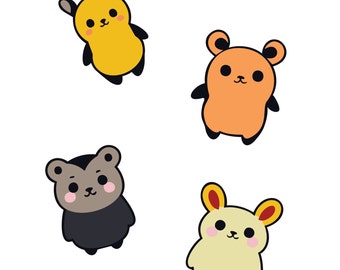 Cute Kawaii animal characters clipart INSTANT download. Vector PDF + PNG files w/ transparent background. Chibi bunny, bears, and raccoon.