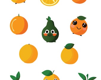 Cute Kawaii fruits + vegetable characters clipart INSTANT download. Vector PDF + PNG files w/ transparent background. Citrus oranges + more!